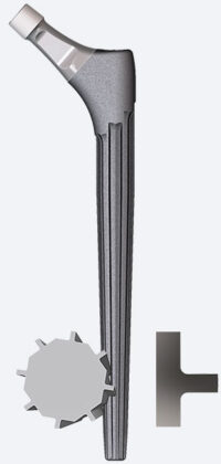 Alteon® Monobloc Revision Femoral Stem taper angle and flat/broad spline geometry