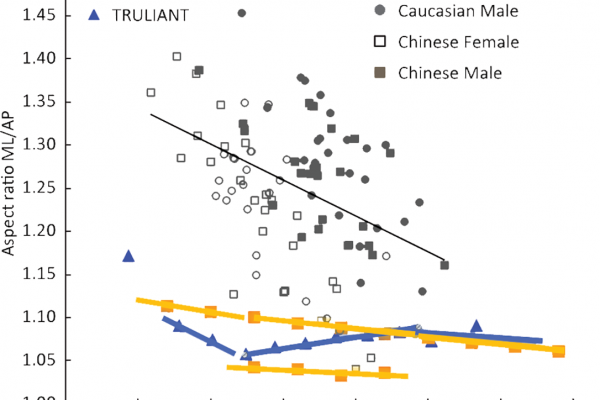 Figure 1. Aspect ratio of the bone data overlaid with the two contemporary femoral component designs.