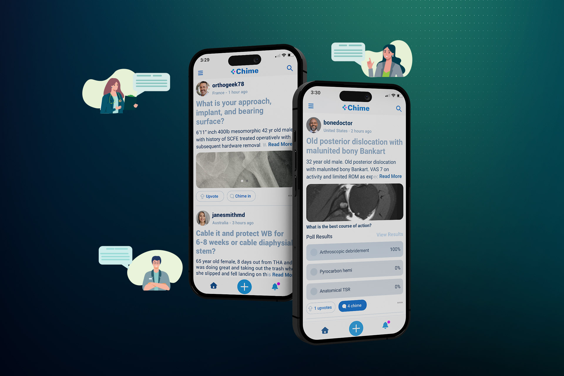 Chime Surgeon Clinical Exchange Application Connecting Advita’s shoulder, ankle, hip and knee surgeons worldwide.