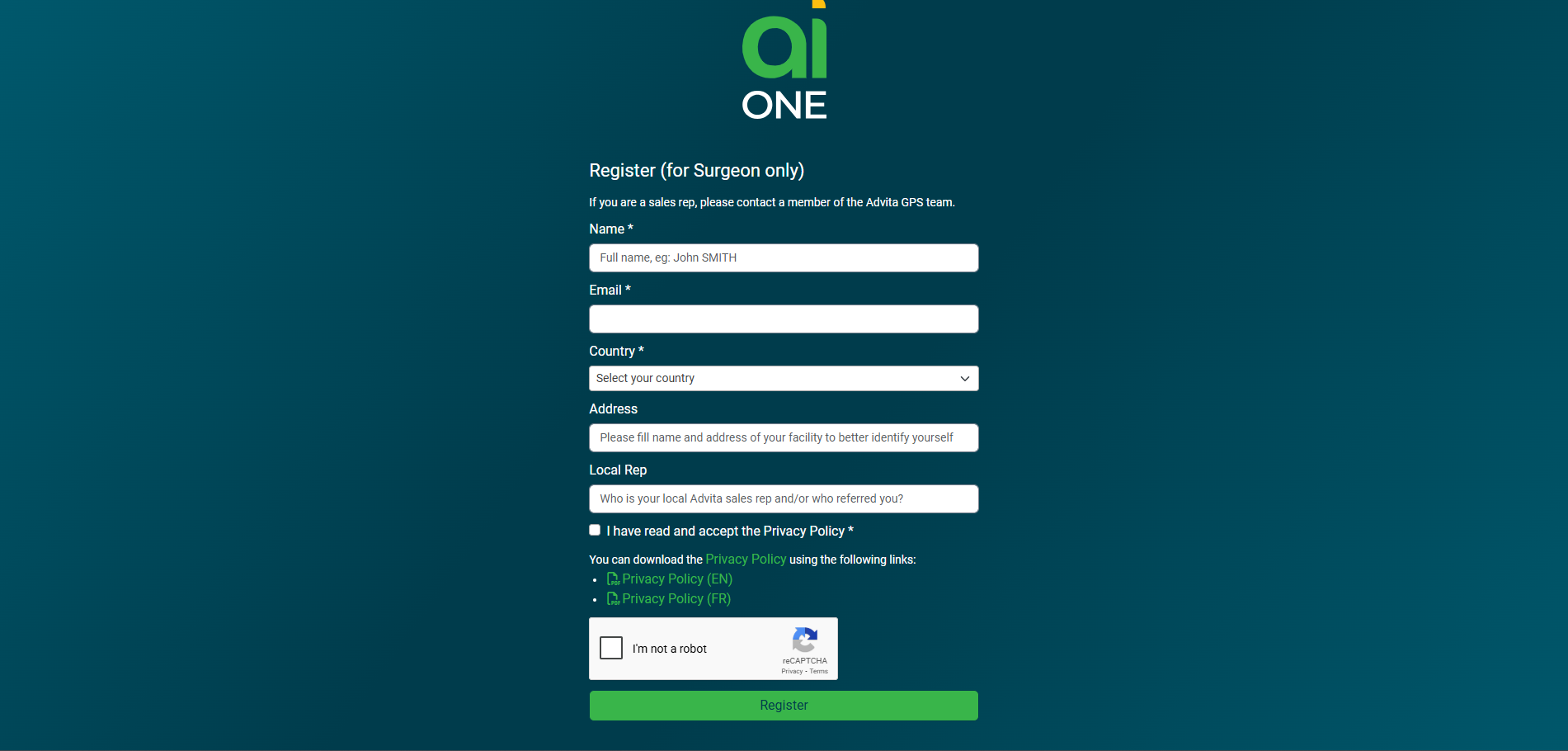 Fill out the registration form with the surgeon’s information